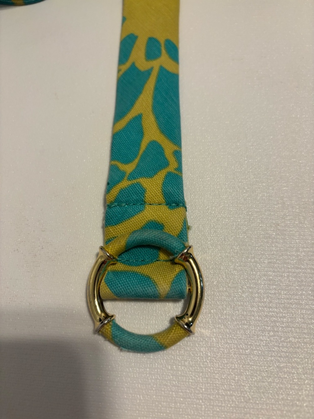 J. Crew Aqua Blue & Lime Green Printed Linen Belt Gold Horseshoe Buckle Medium - Picture 5 of 8